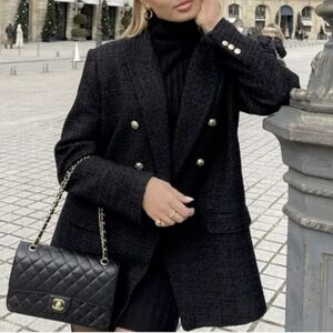 ZARA Textured Weave Double Breasted Tweeed Blazer Jacket  Gold Buttons Black XXL